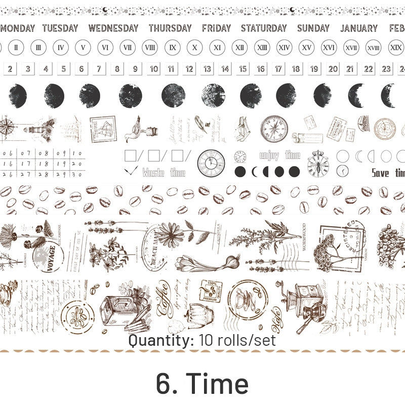 10 Rolls Washi Tape Set - Girl, Fruit, Cat, Antique, Scenery, Dog, Cosmic Star, Whale sku-6