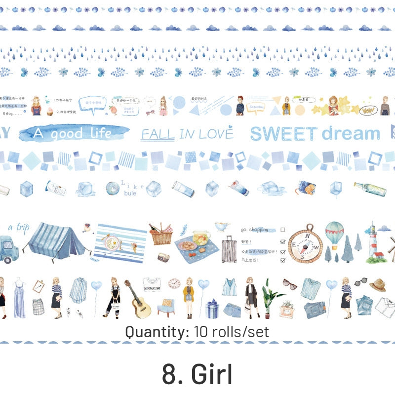 10 Rolls Washi Tape Set - Girl, Fruit, Cat, Antique, Scenery, Dog, Cosmic Star, Whale sku-8