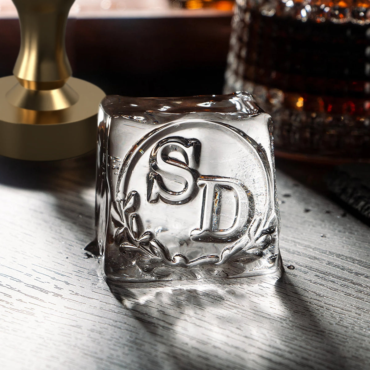 Crescent Laurel Double Monogram Brass Ice Stamp for Bartender & Planner1