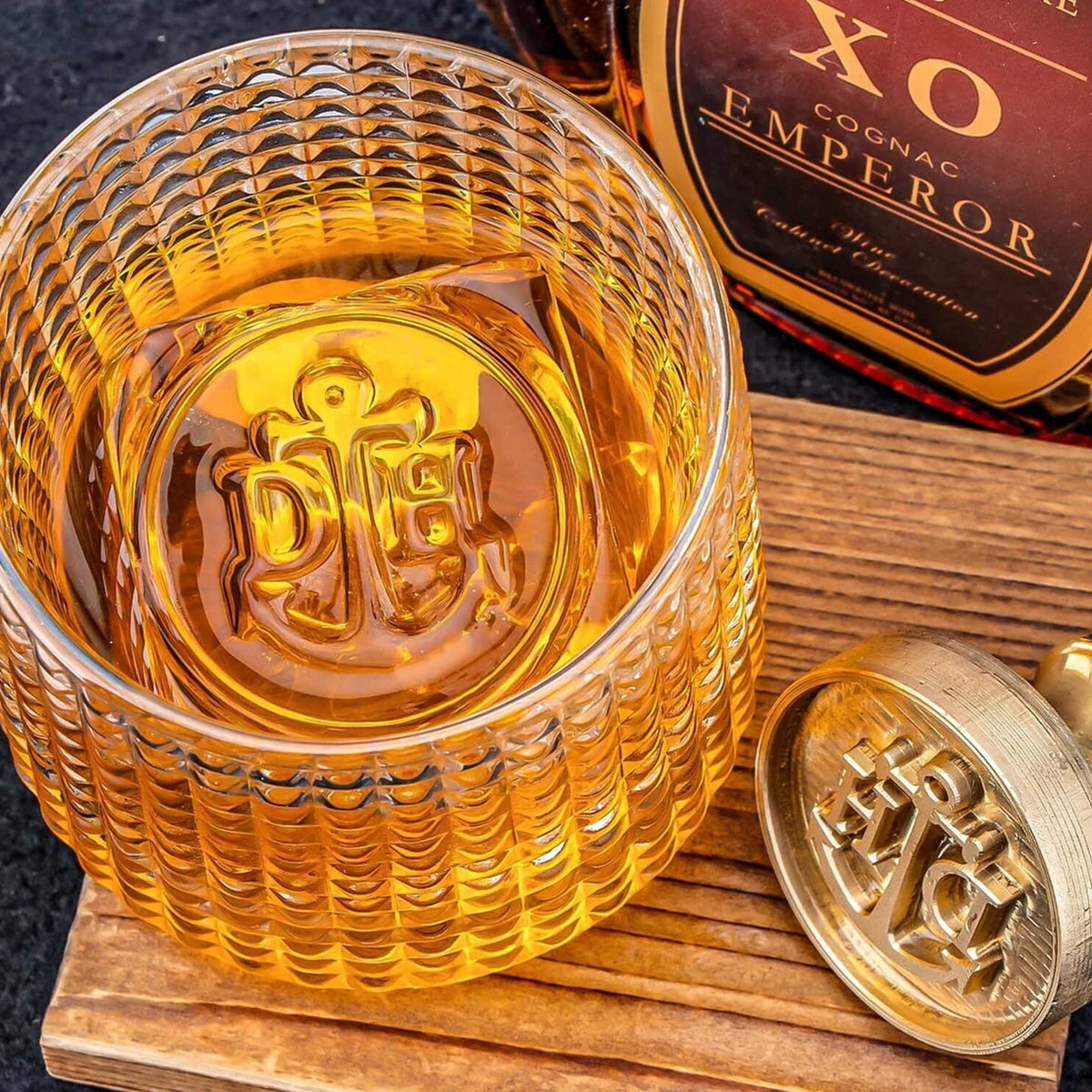 Square Laurel Double Monogram Brass Ice Stamp for Bartender & Planner