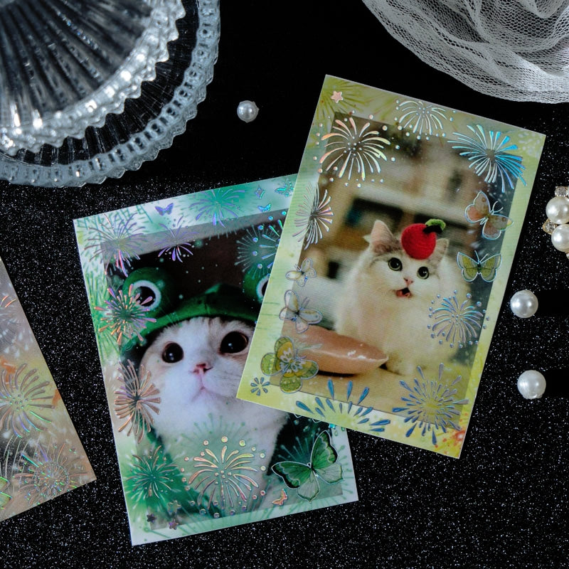 Brilliant Colorful Fireworks Themed Laser Silver Stamping PET Sticker b2