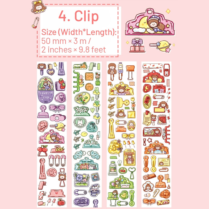 Cartoon Girl Washi Tape - Stamp, Bow, Plaid, Clip sku-4