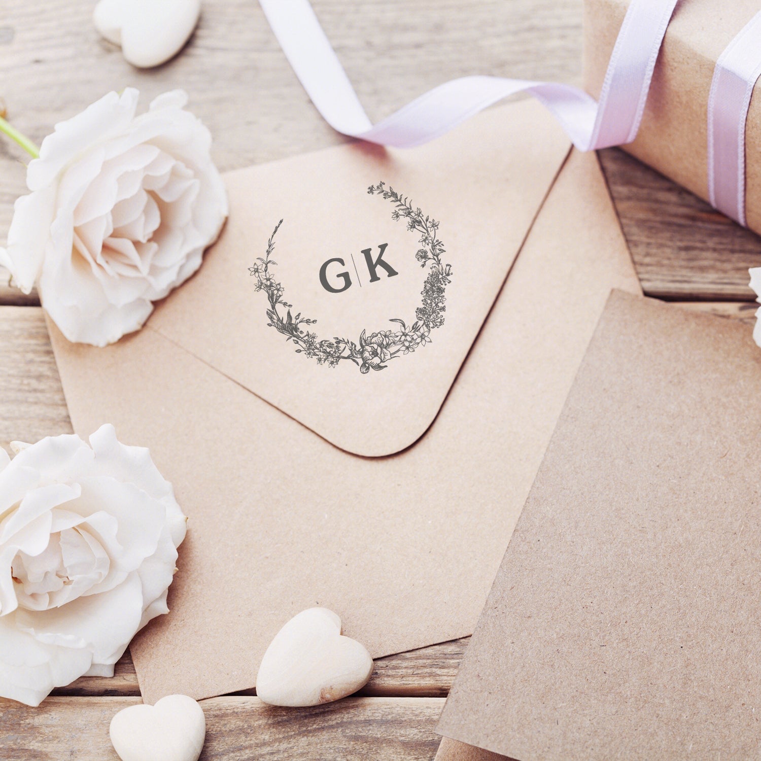 Custom Botanical Wedding Monogram Rubber Stamp - Style 6 wd3