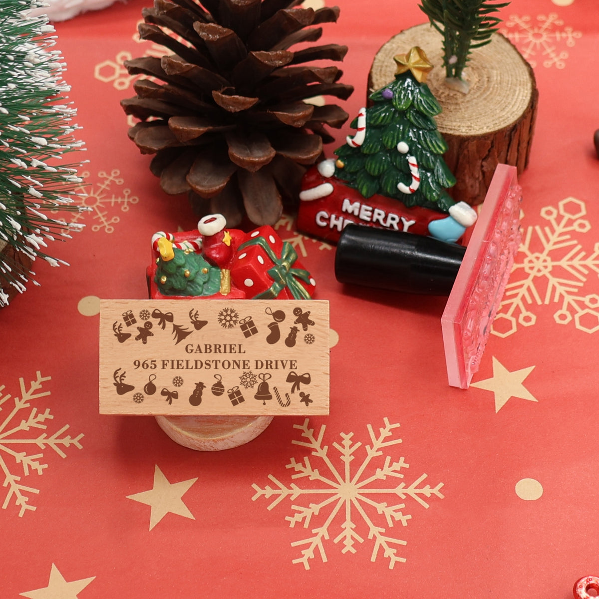 Custom Christmas Elements Border Address Rubber Stamp1