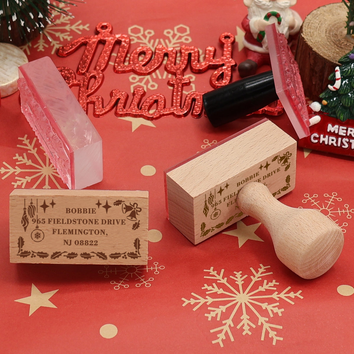 Custom Christmas Leaf Border Rectangle Rubber Stamp3