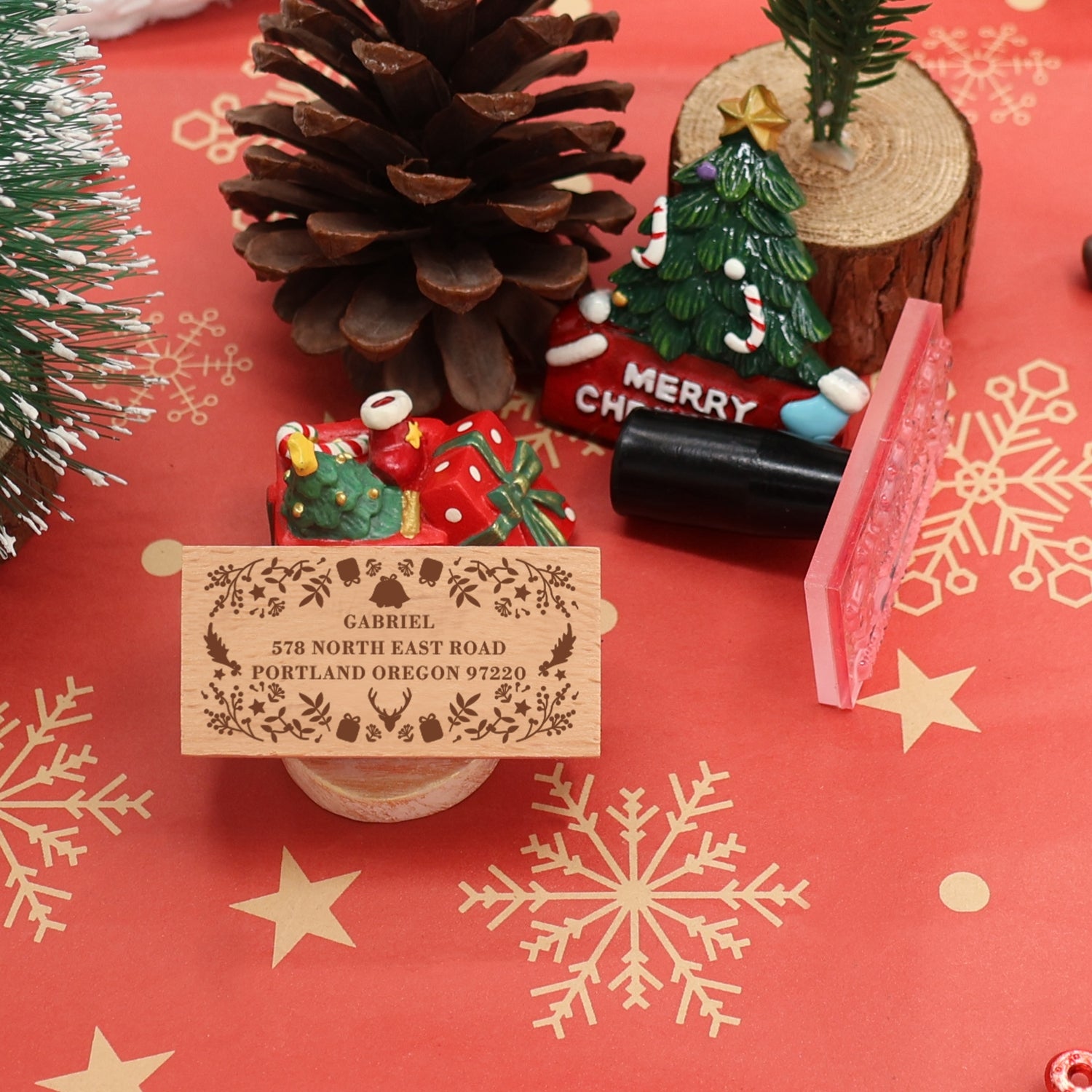 Custom Christmas Plant Border Rectangle Address Rubber Stamp1