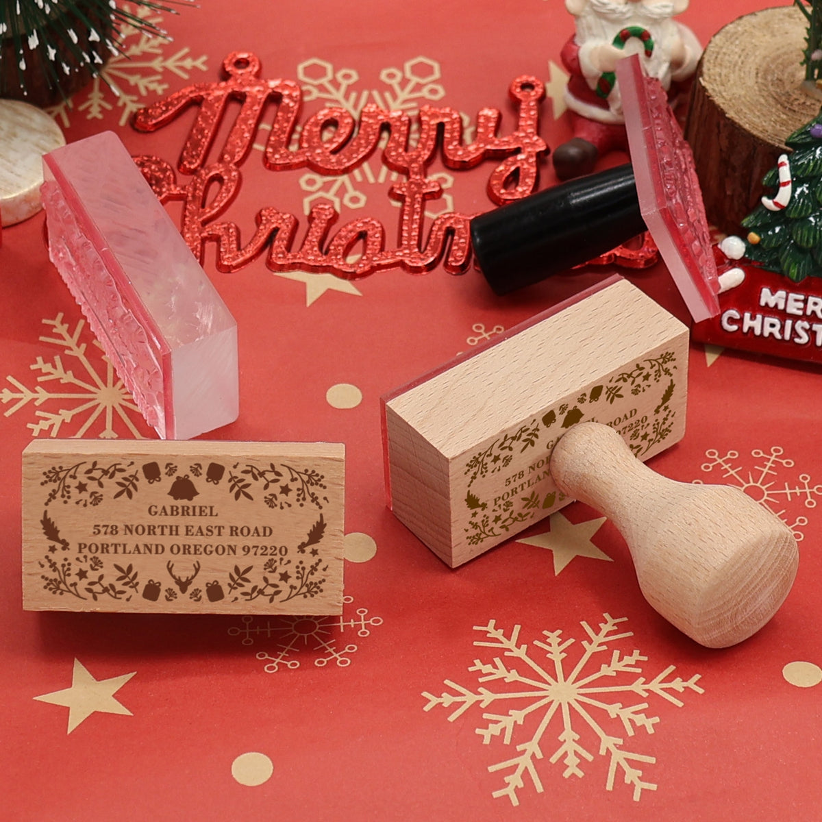 Custom Christmas Plant Border Rectangle Address Rubber Stamp3