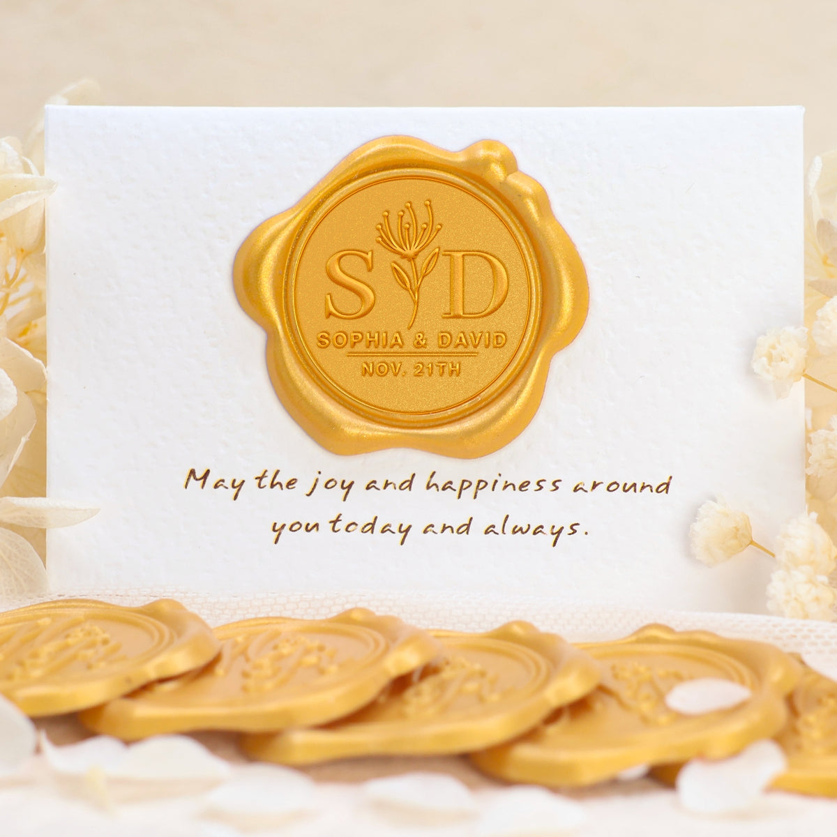 Custom Spider Lily Wedding Name and Date Wax Seal Stickers 1-2