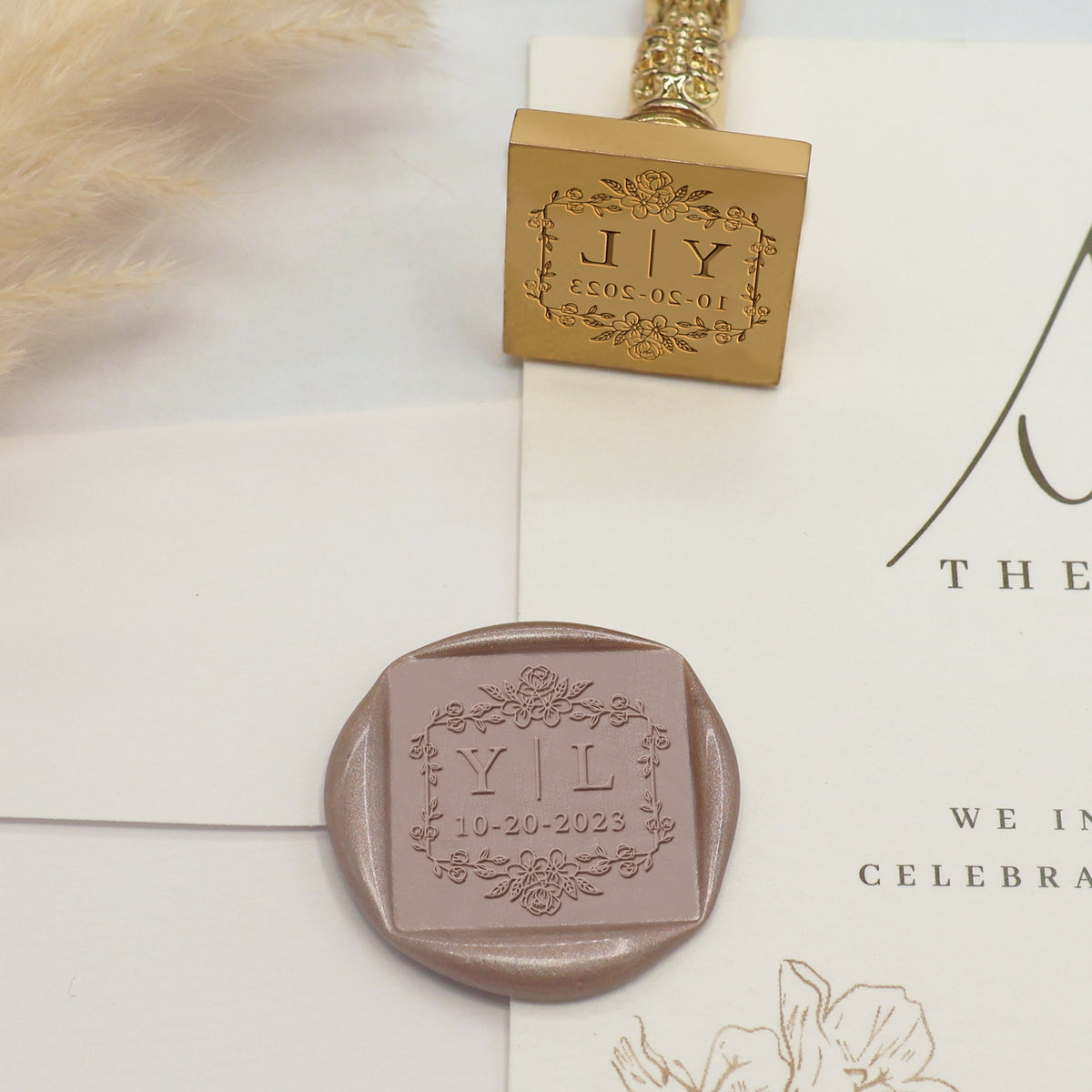 Custom Square Wedding Wax Seal Stamp - Style 11 - Stamprints3