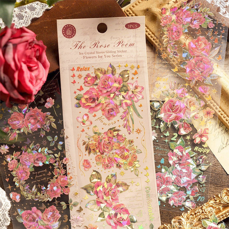 Dreamy Holographic Hot Stamping Floral PET Stickers b1