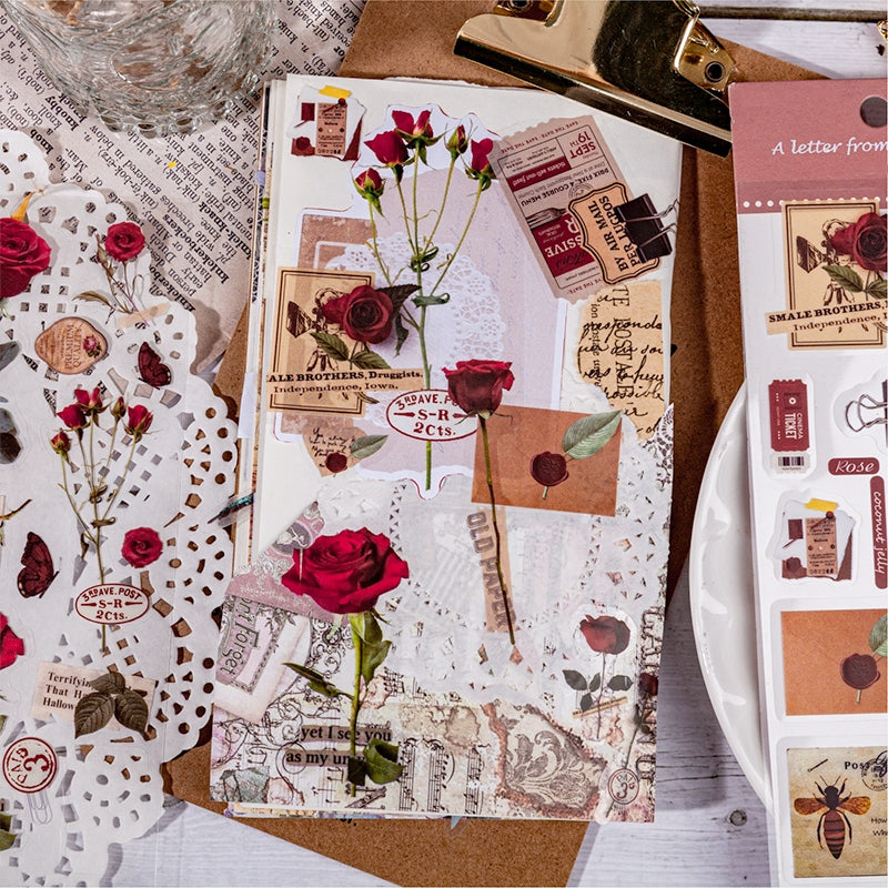 Plant PET Die-cut Sticker Sheet - Rose, Green Leaf, Peach Blossom b1