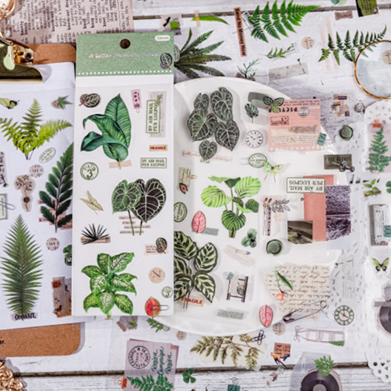 Plant PET Die-cut Sticker Sheet - Rose, Green Leaf, Peach Blossom b5
