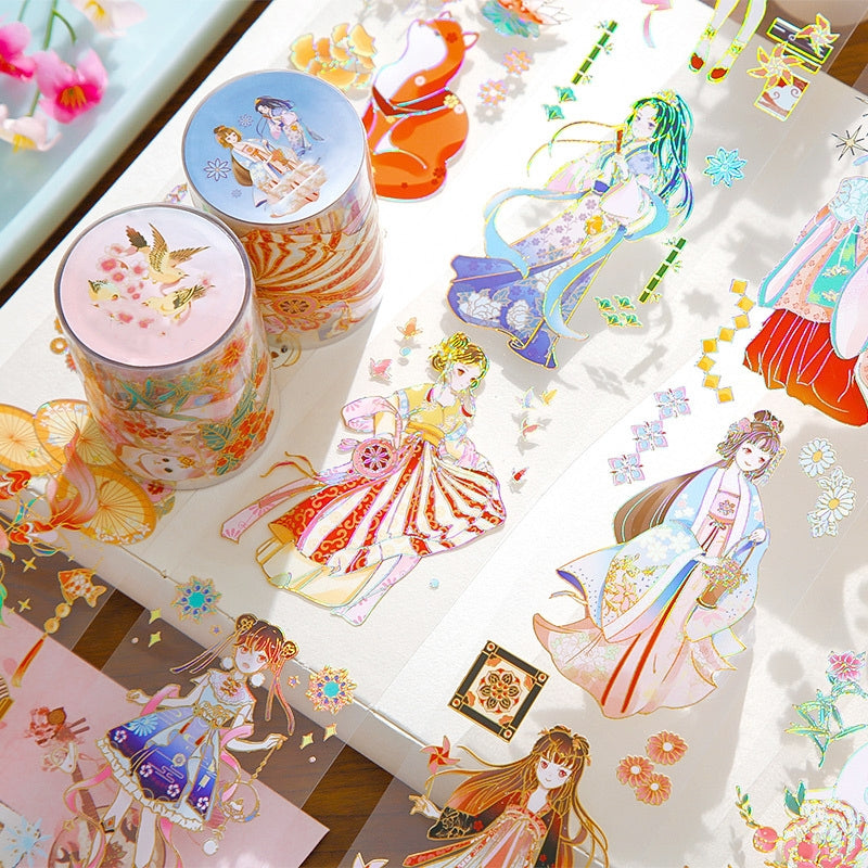 Traditional Ancient Chinese Style Cartoon Girl Collage Decorative Tape a