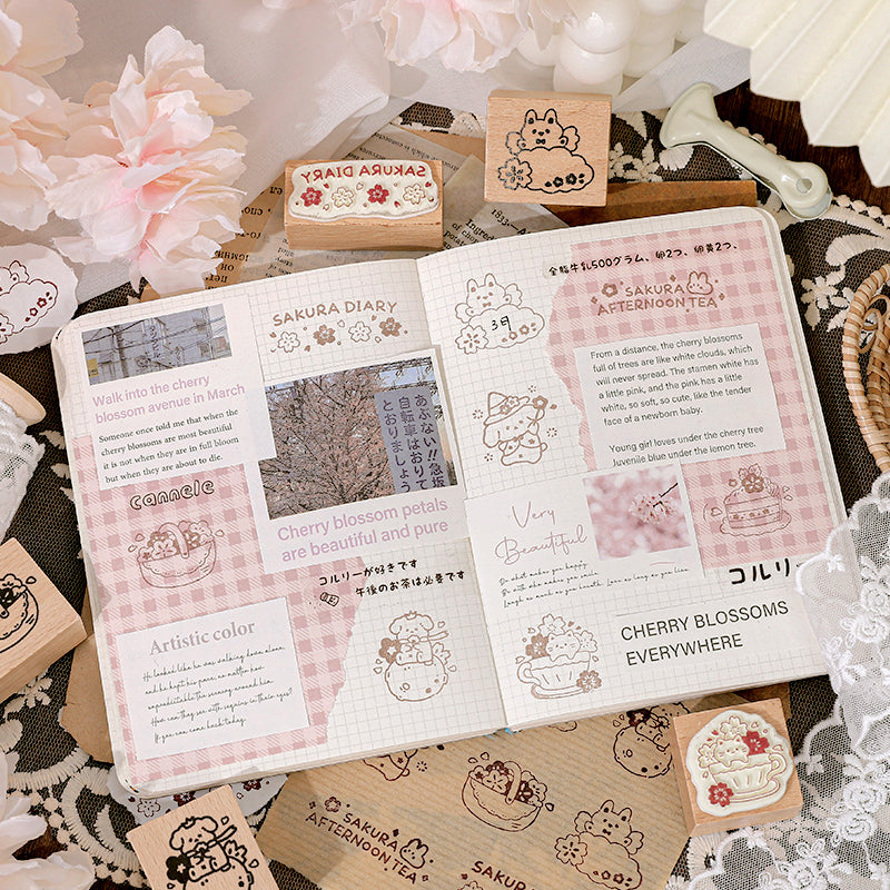 Cartoon Afternoon Tea Cute Animals Wooden Rubber Stamp b3