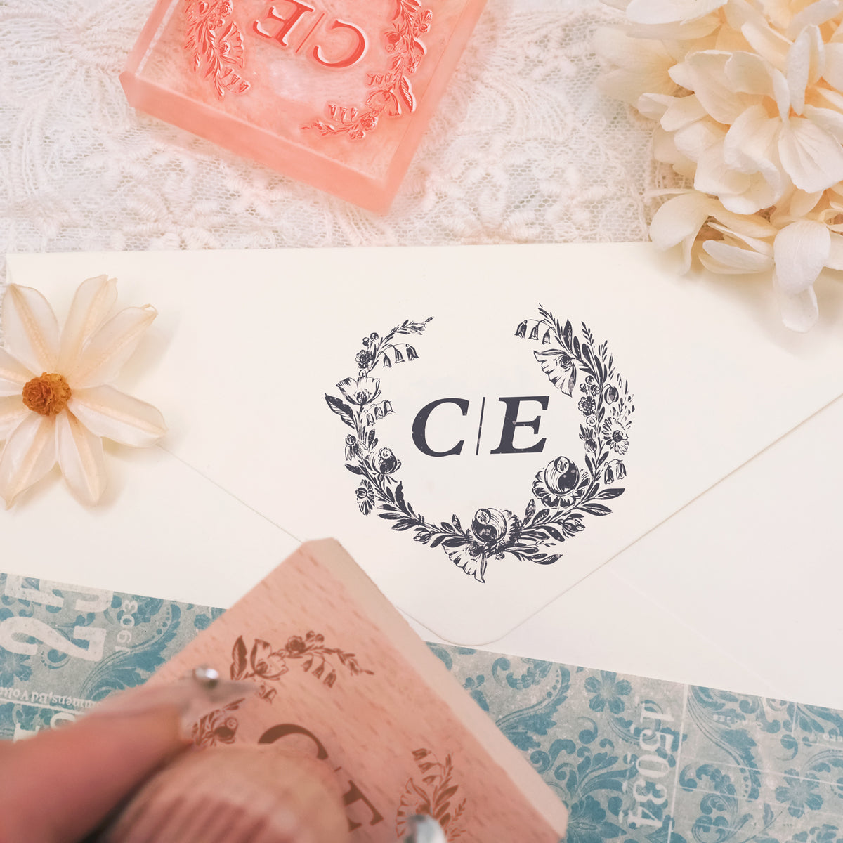 Custom Botanical Wedding Monogram Rubber Stamp -SKU9 3