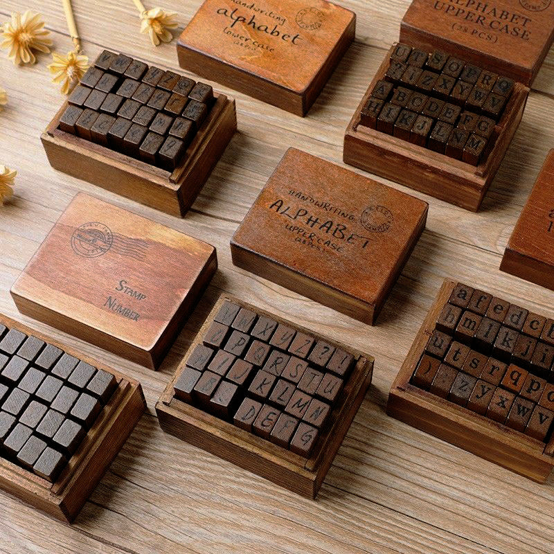 Vintage Letter & Number Wooden Rubber Stamp Set a