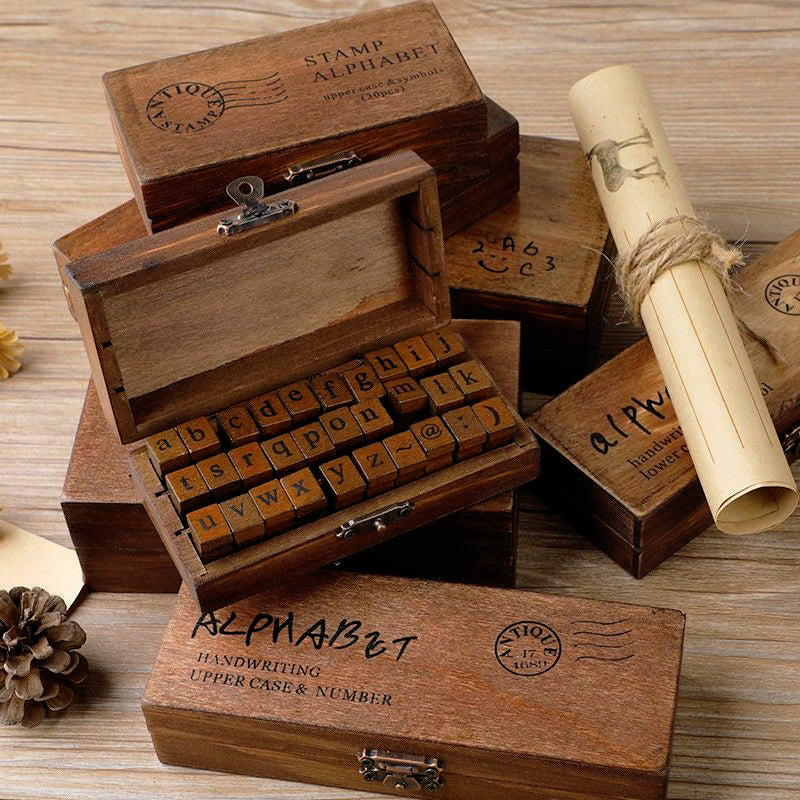 Vintage Letter & Number Wooden Rubber Stamp Set b1